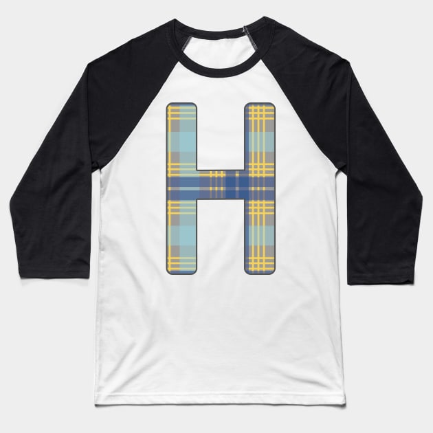 Monogram Letter H, Blue, Yellow and Grey Scottish Tartan Style Typography Design Baseball T-Shirt by MacPean